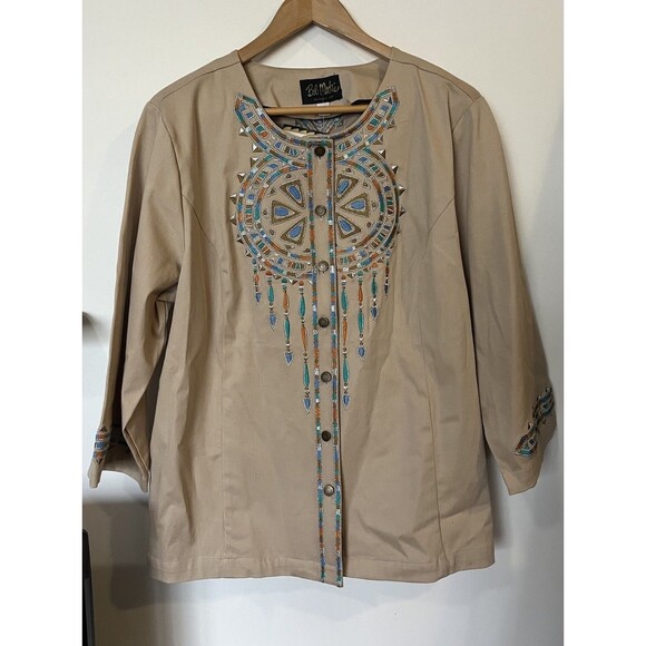 NWT Bob Mackie Tan Dreamcatcher Embroidered Button Front Jacket Size XL - Picture 1 of 10